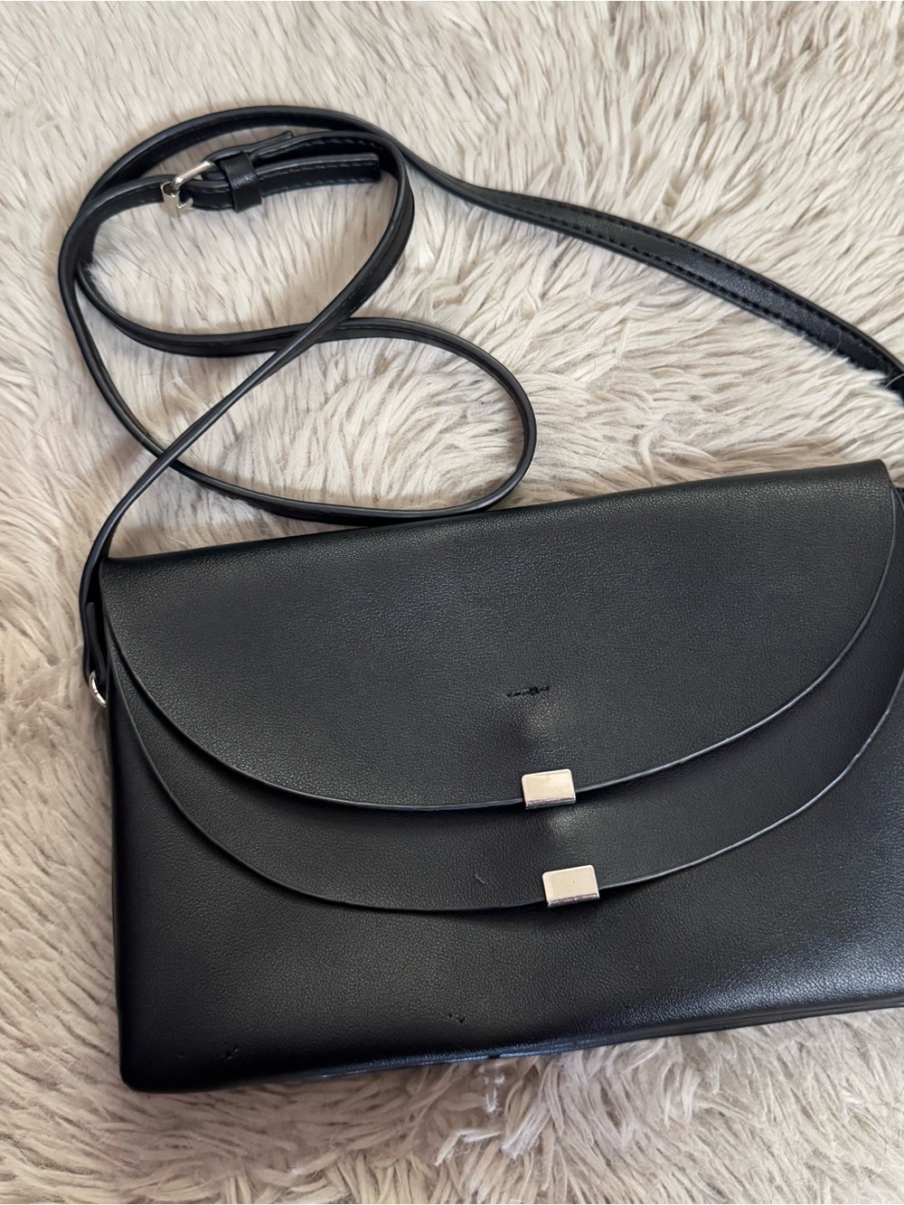 Anthropologie Melie Bianco Black Vegan Leather Double-Flap Crossbody Bag